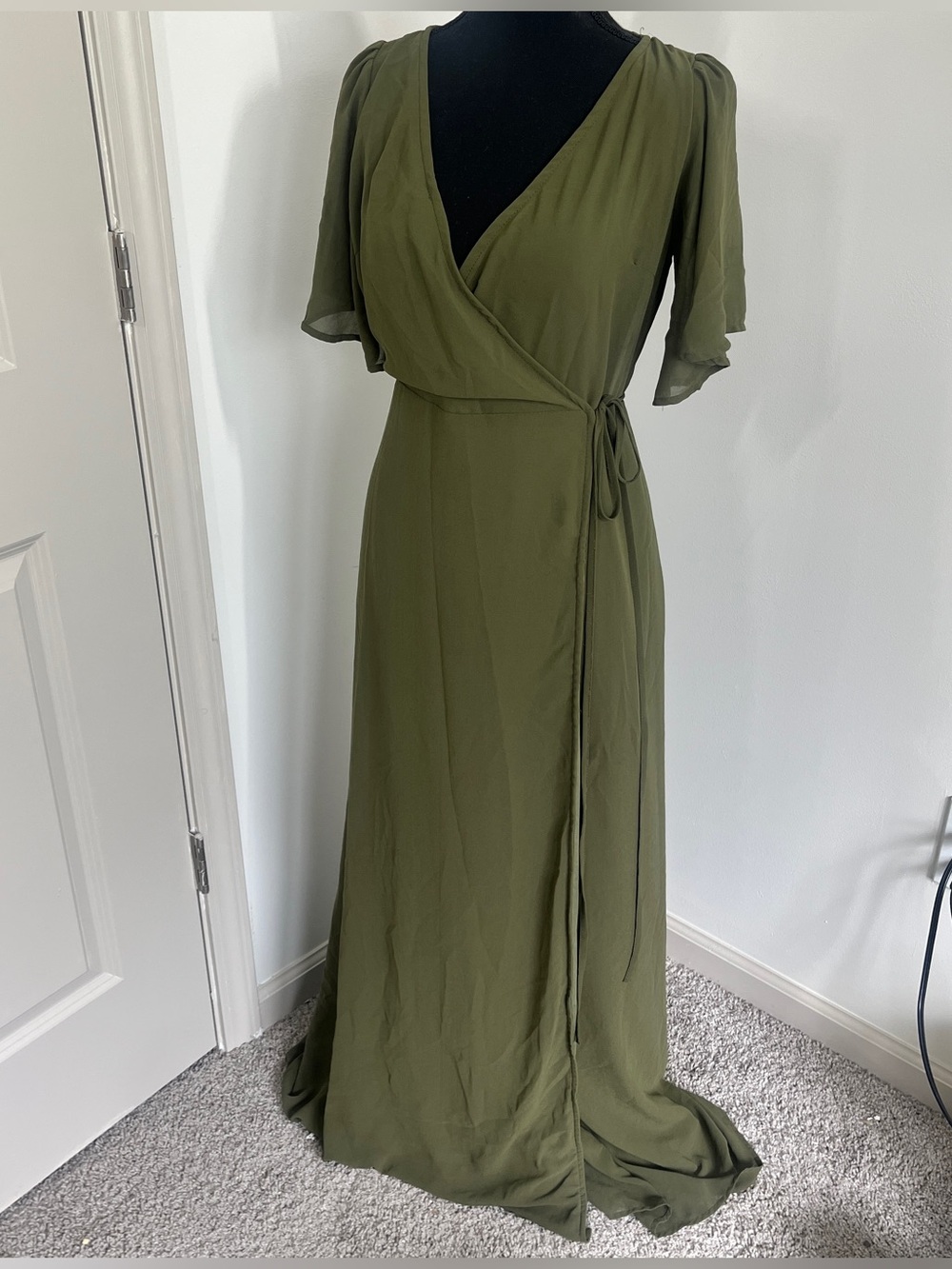 Baltic Born Olive Green Wrap Maxi Dress Flutter Sleeve XS